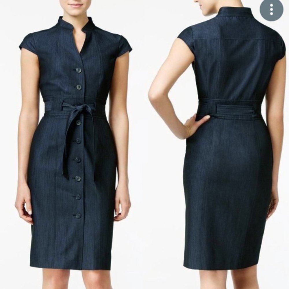 Calvin Klein Dark Denim Belted Button-Front Sheath Dress, Size 12